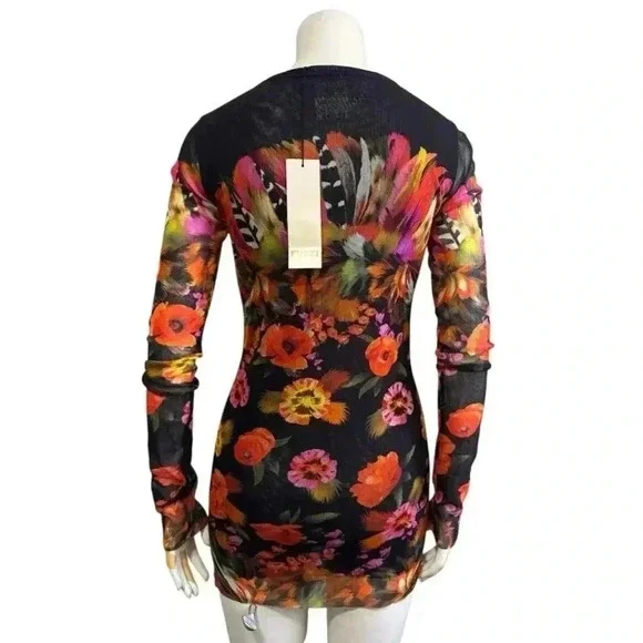 Fuzzi Mesh Floral Bodycon Mini Dress Long Sleeve Italian Designer Women’s Large - Picture 6 of 15